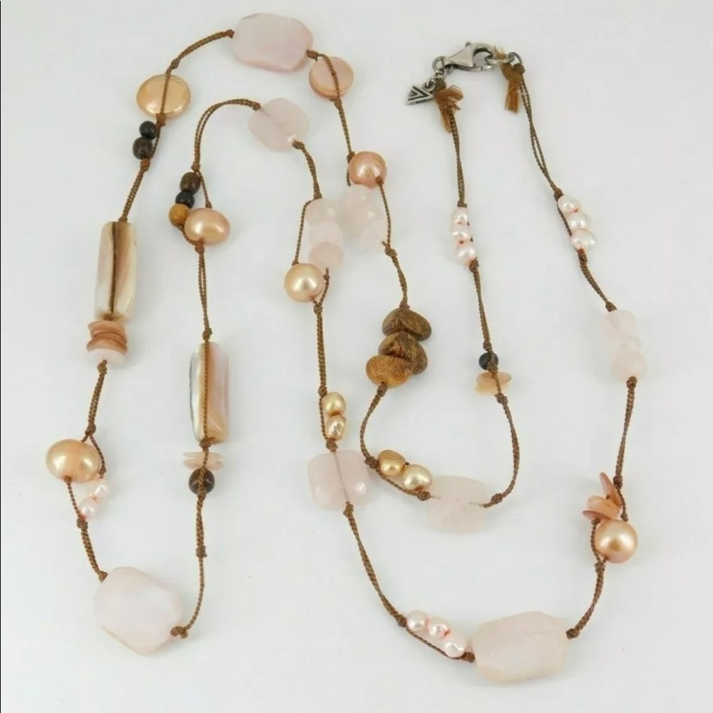 Silpada Rose Quartz Pearl Wood Necklace 36" N1428